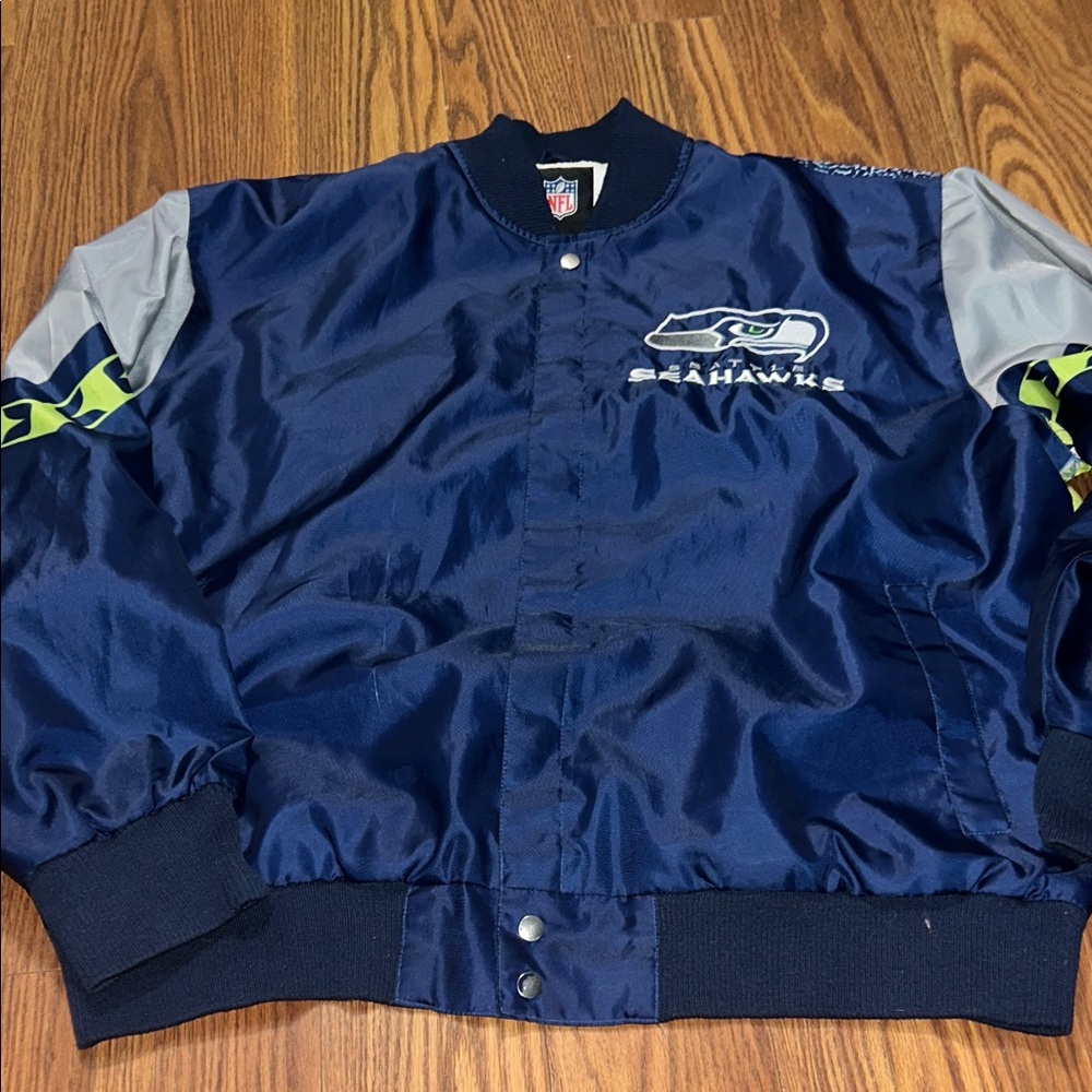 Seahawks NFL Gear Mens size XXL Coaches Bomber Style Blue Neon Patch Emblem Snap